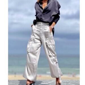 Zara Satin Effect Cargo Pants Womens Large Platinum Champagne High Waist Pockets